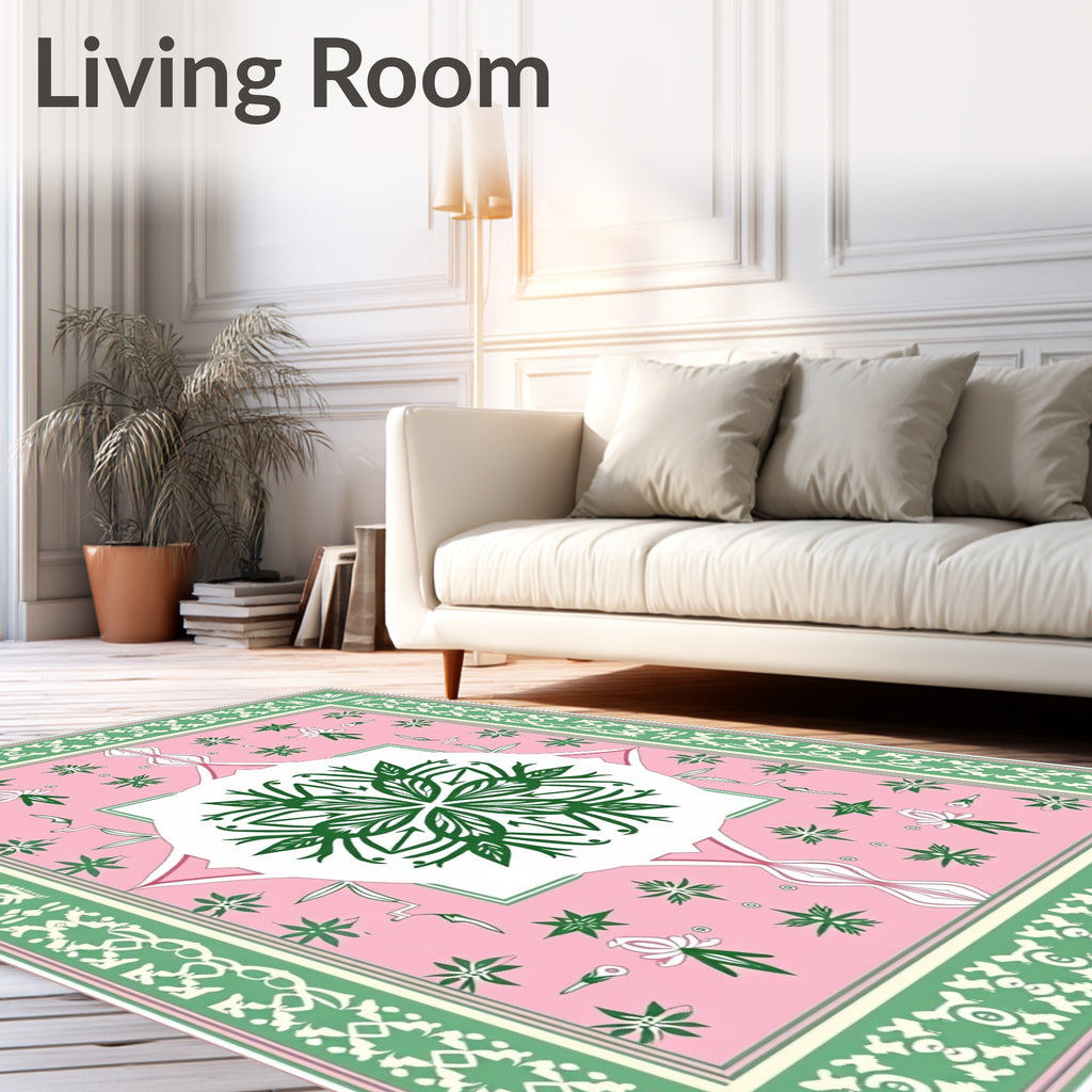 Pink Green Floral Medallion Border Rug