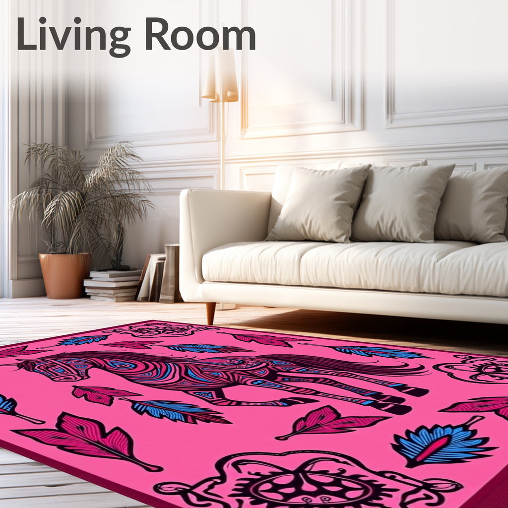 Whimsical Pink Horse Feather Medallion Rug