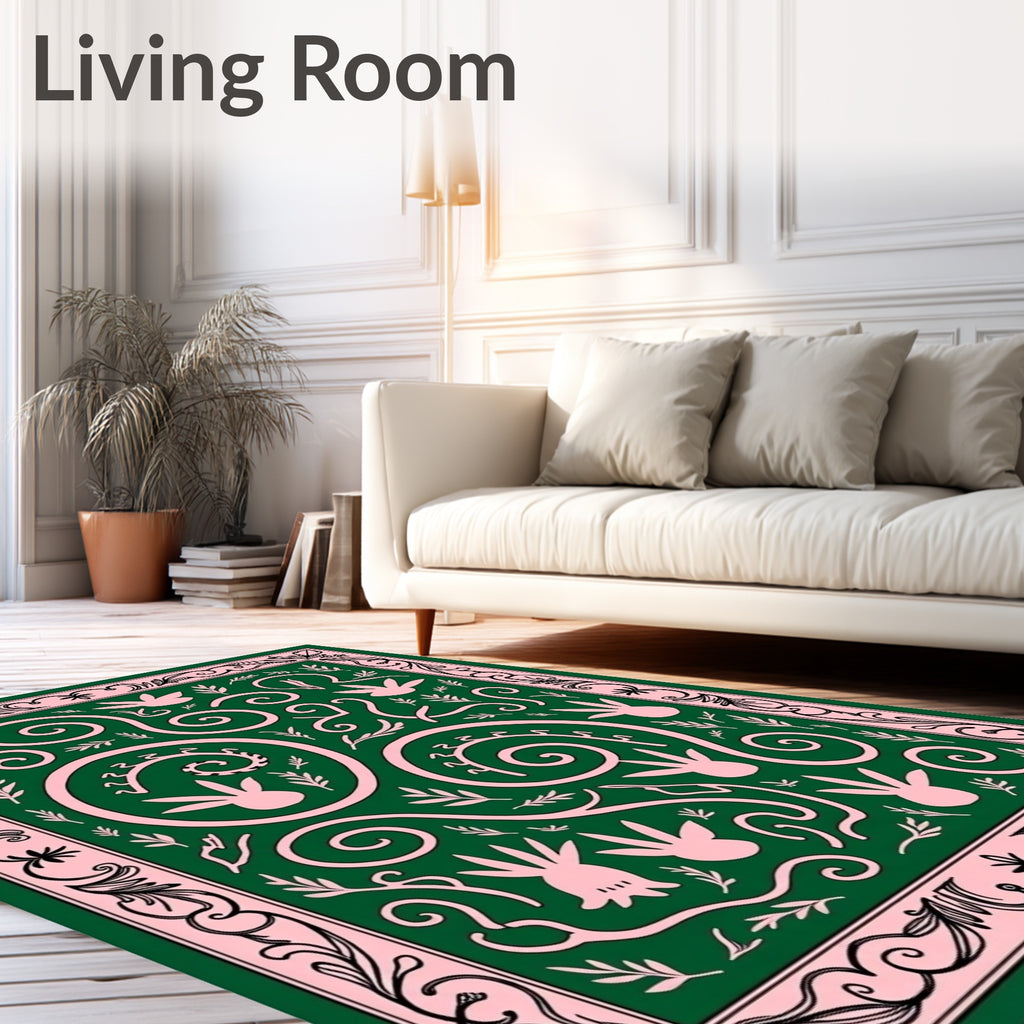 Pink Botanical Swirls Green Rug