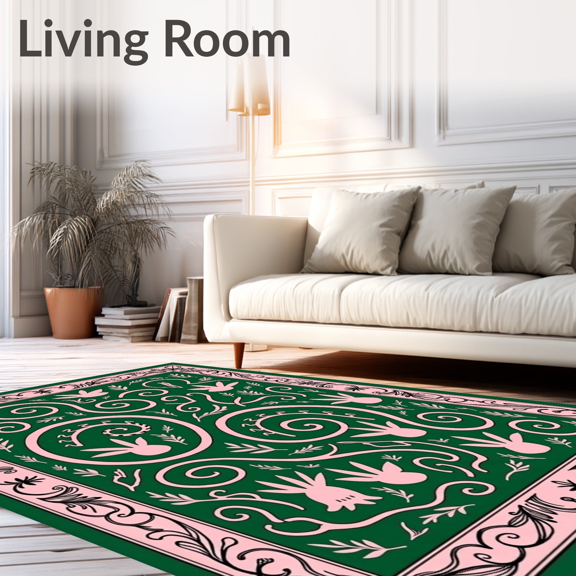 Pink Botanical Swirls Green Rug