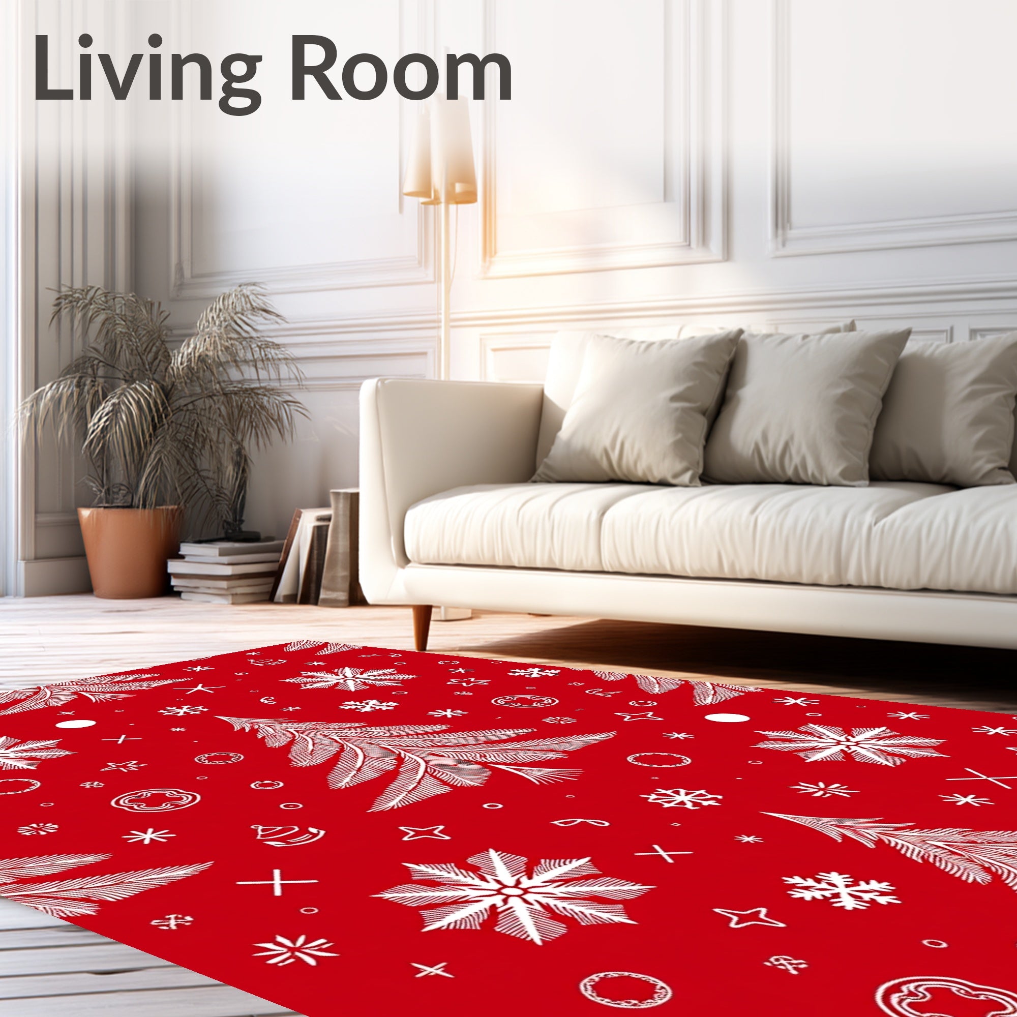 Festive Red White Christmas Tree Snowflakes Rug