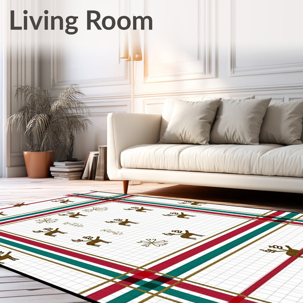 Red Green Gold Plaid Reindeer Collage Rug