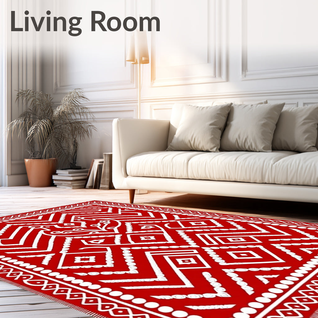 Vibrant Red Geometric Tribal Medallion Rug