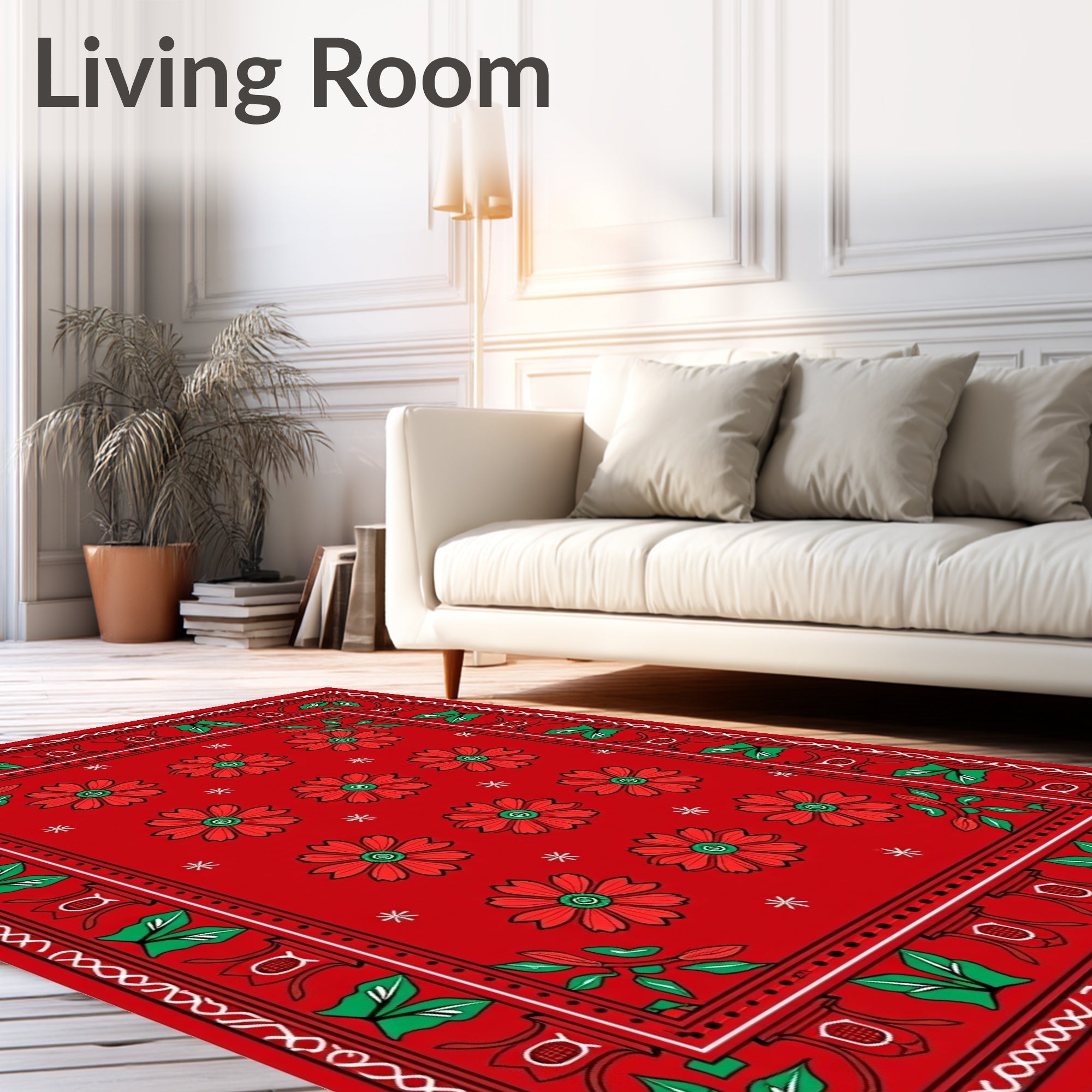 Vibrant Red Floral Bordered Rug
