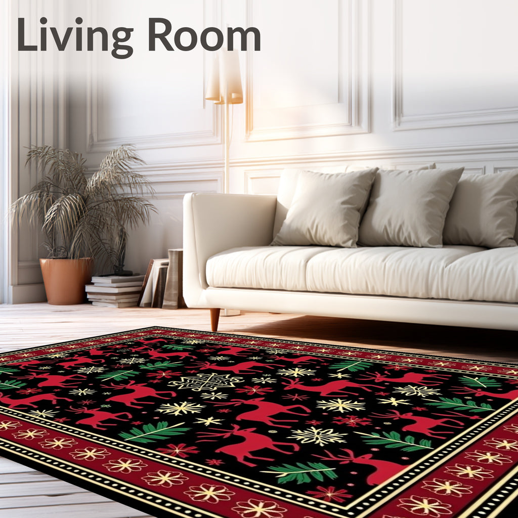 Crimson Reindeer Snowflake Forest Border Rug