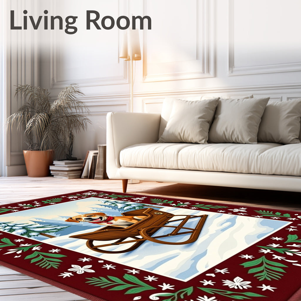Cheery Dog in Sleigh Winter Forest Rug