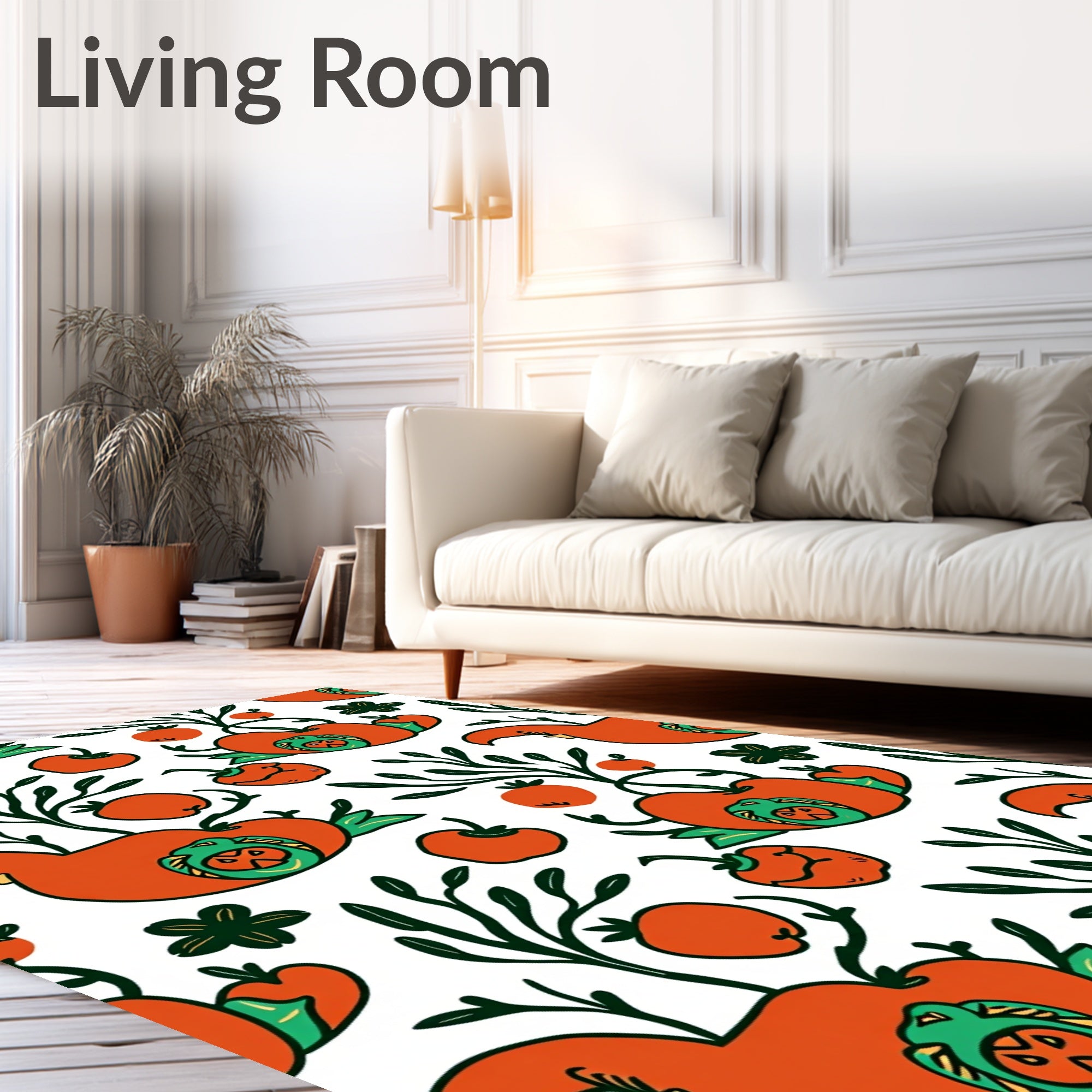 Whimsical Orange Bird Botanical Folk Rug