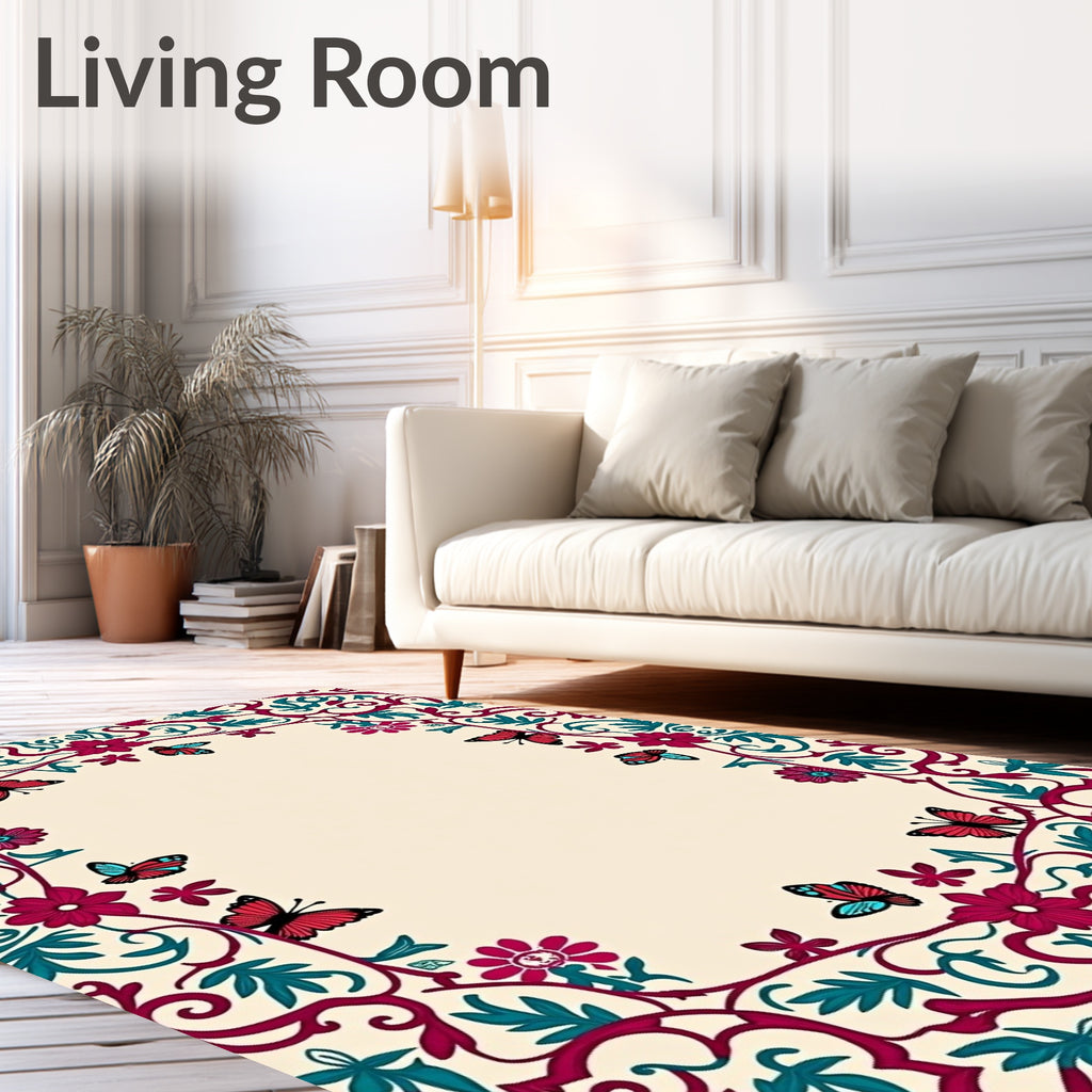 Crimson Teal Butterfly Floral Border Rug