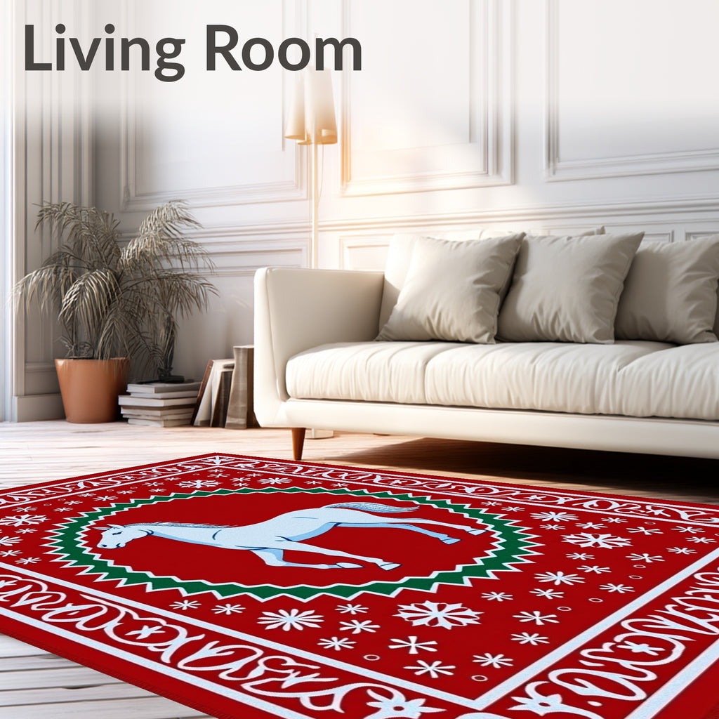 Crimson White Horse Snowflakes Medallion Rug