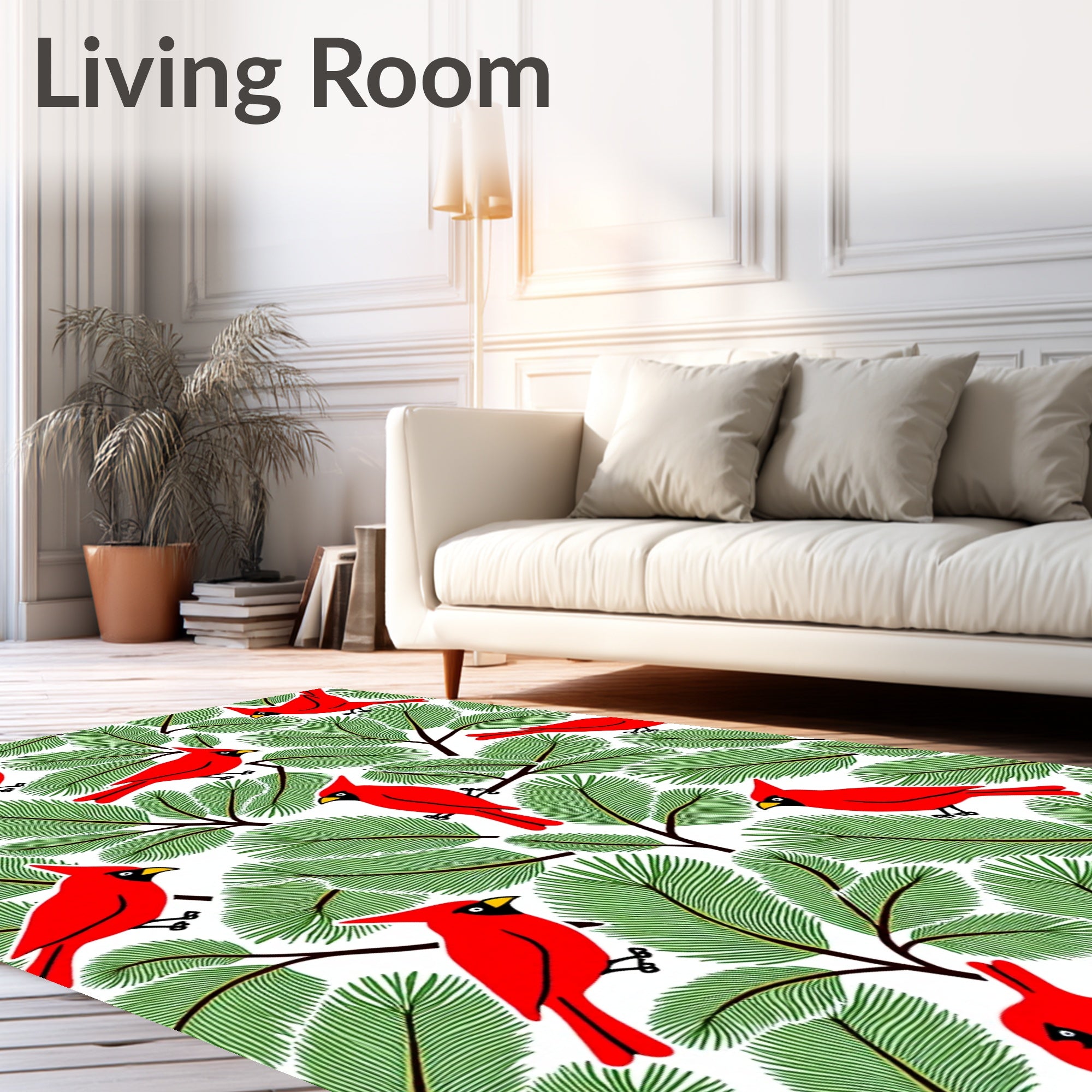 Bright Red Cardinals Green Pine Branches Rug