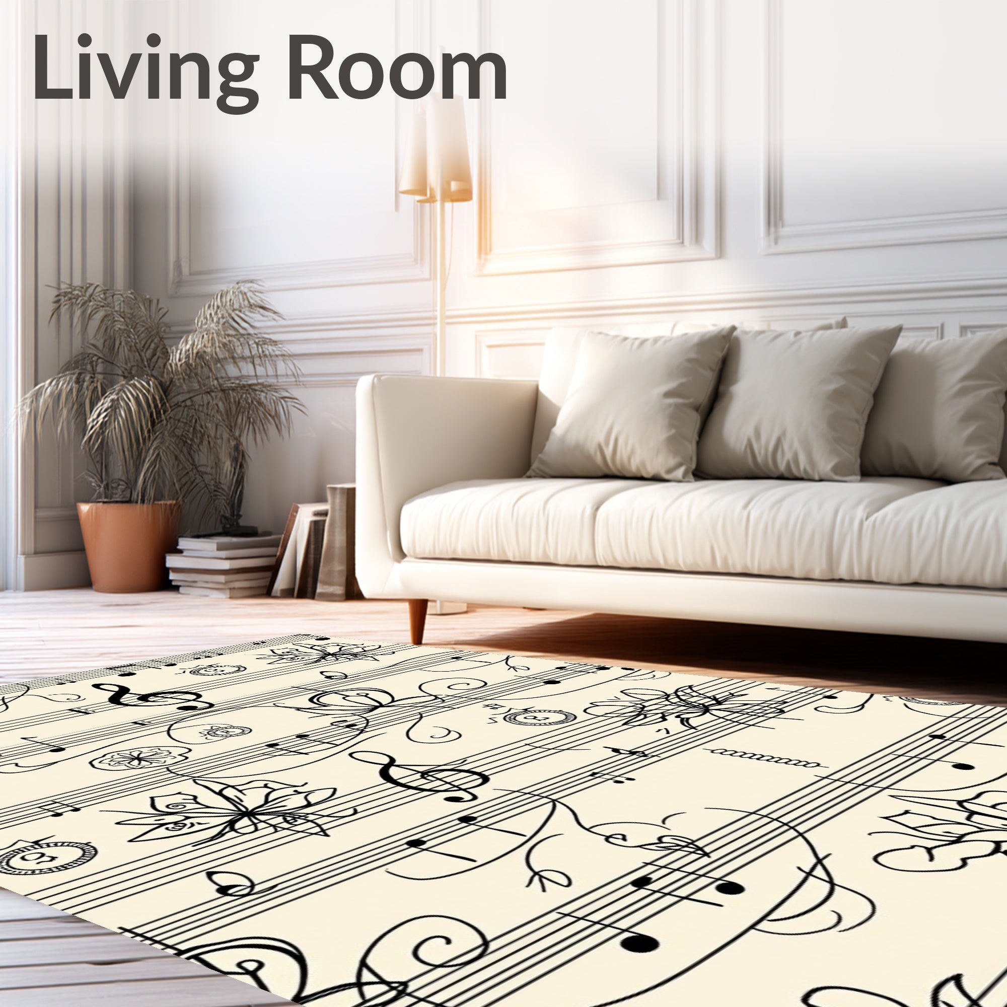 Black Musical Notes Floral Cream Background Rug
