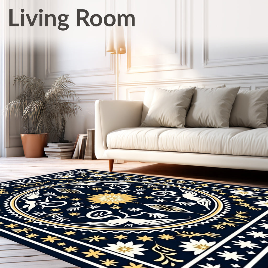 Mystical Navy Gold Celestial Creatures Rug