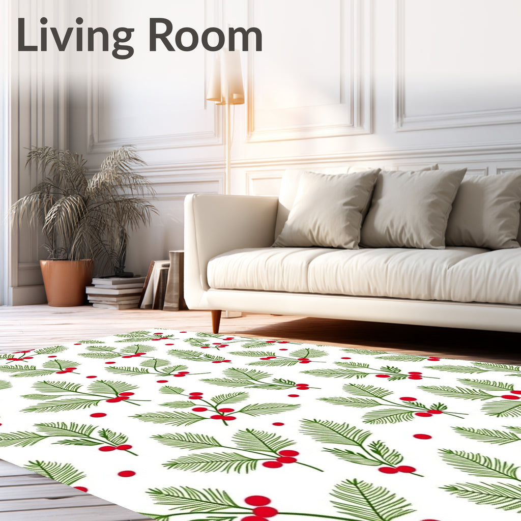 Festive Green Sprigs Red Berry Accents Rug