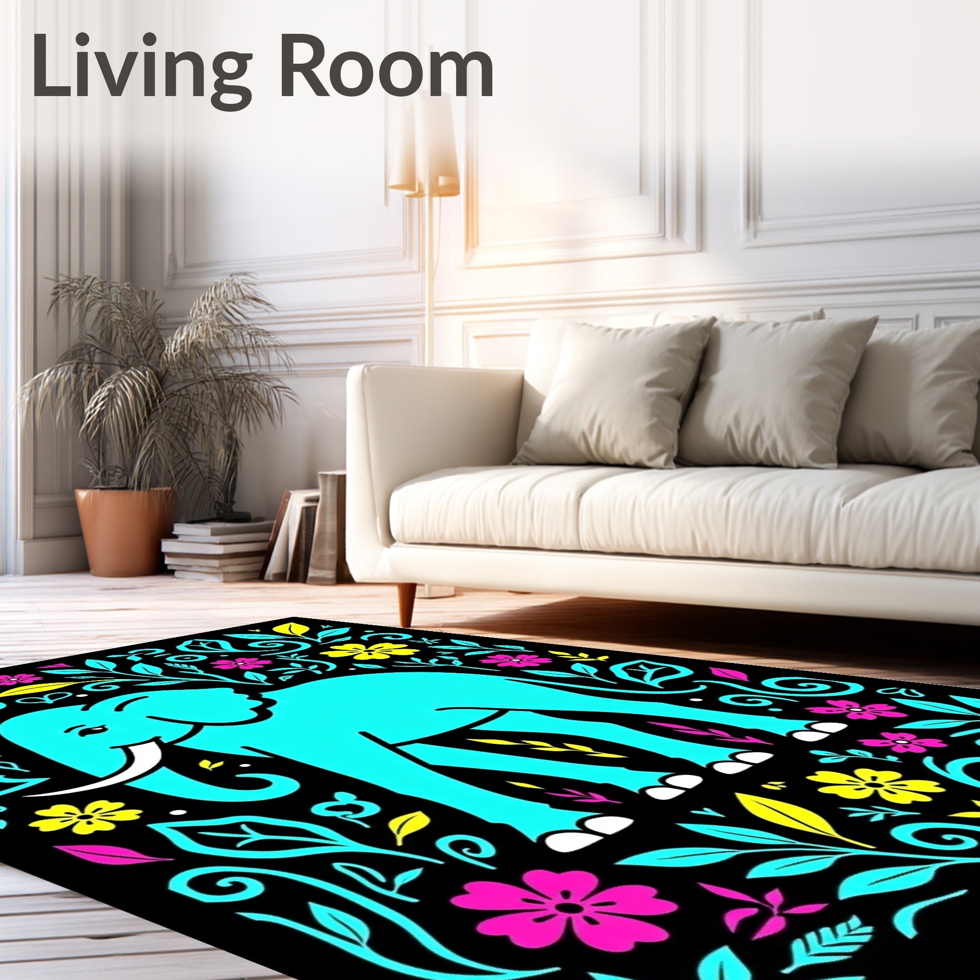 Vibrant Aqua Elephant Floral Garden Rug