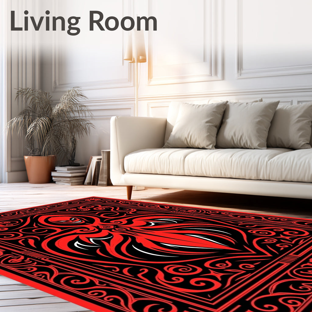 Crimson Red Skull Tribal Scrollwork Art Rug