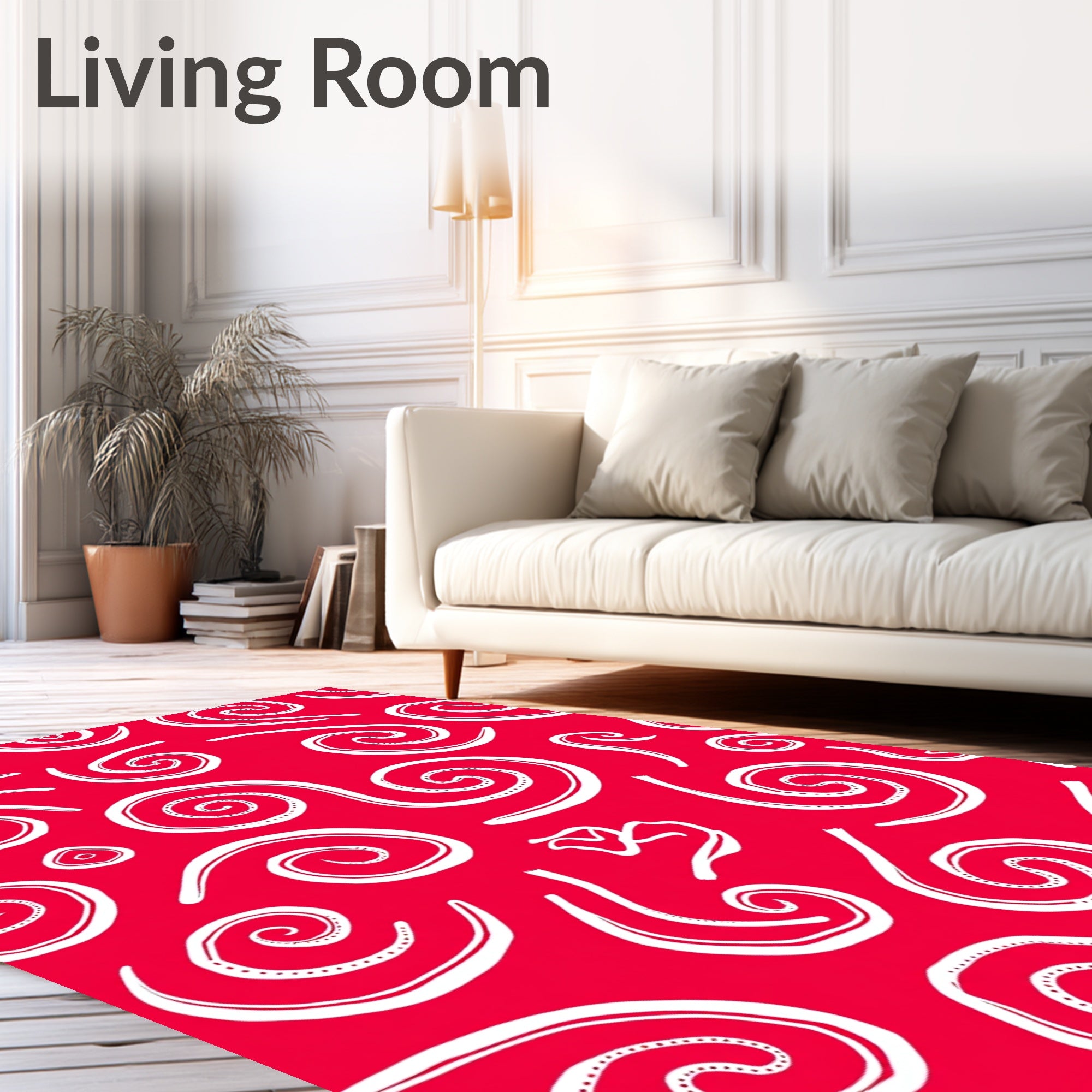 Crimson White Abstract Swirl Scroll Rug