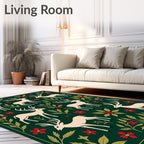 Forest Deer Red Flower Foliage Scene Rug