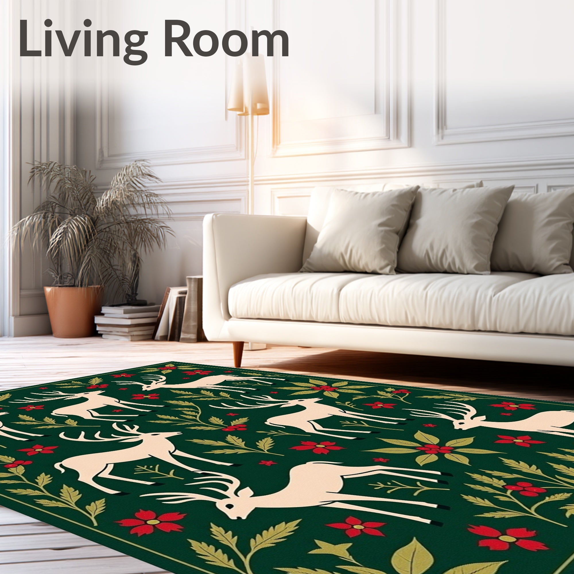 Forest Deer Red Flower Foliage Scene Rug