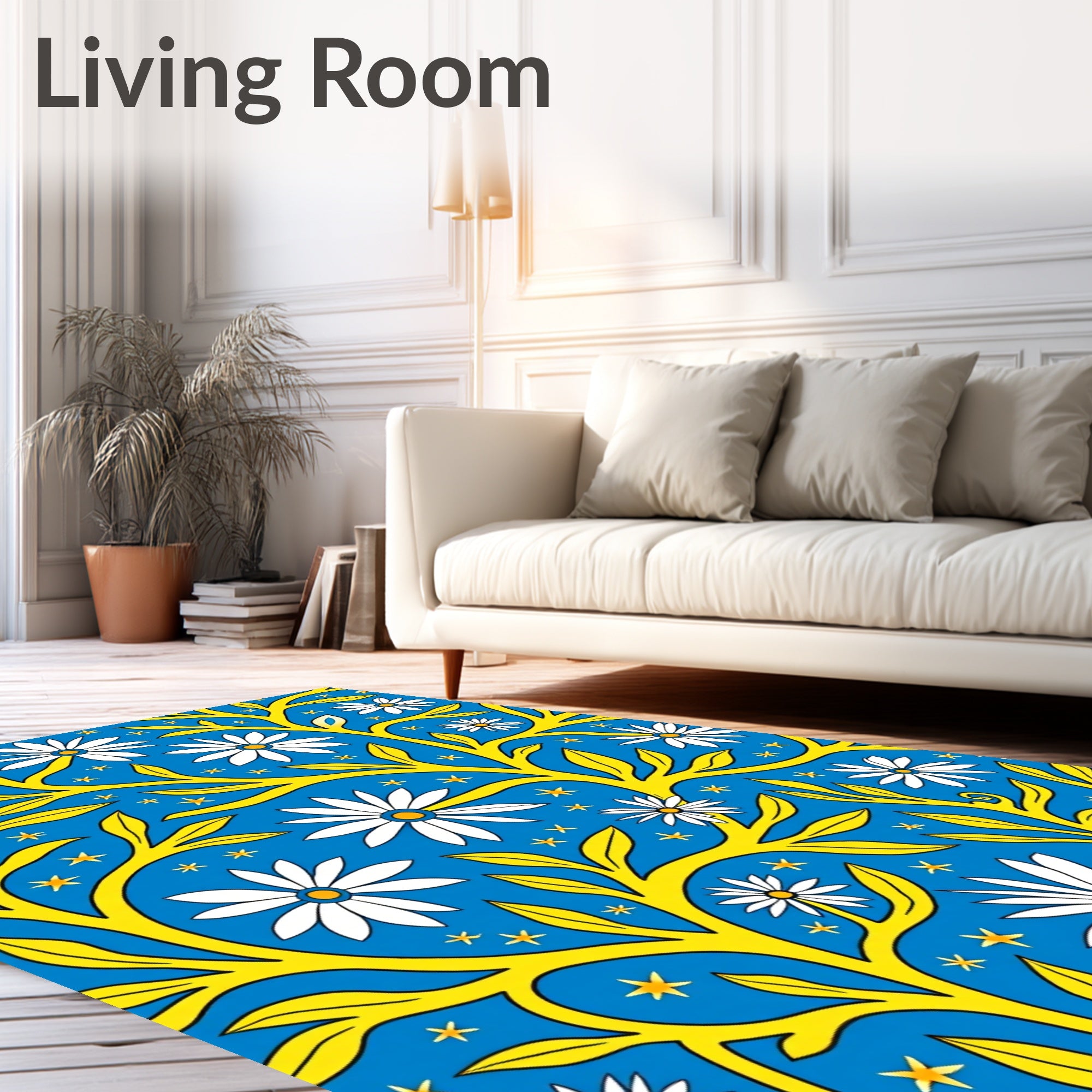 Blue Yellow Floral Branches Stars Rug