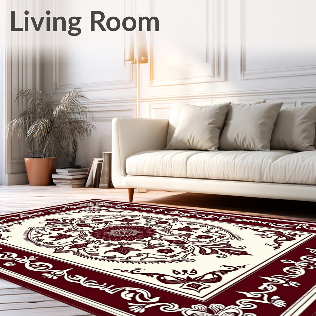 Deep Red Floral Garland Border Rug