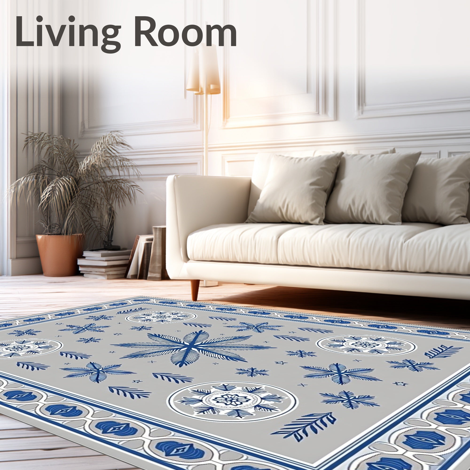 Gray Blue Snowflake Medallion Border Rug