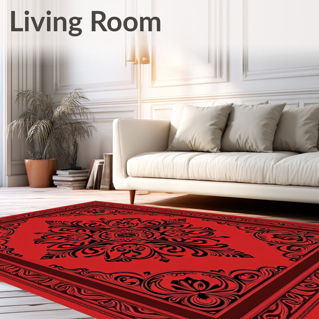 Crimson Black Floral Medallion Frame Rug