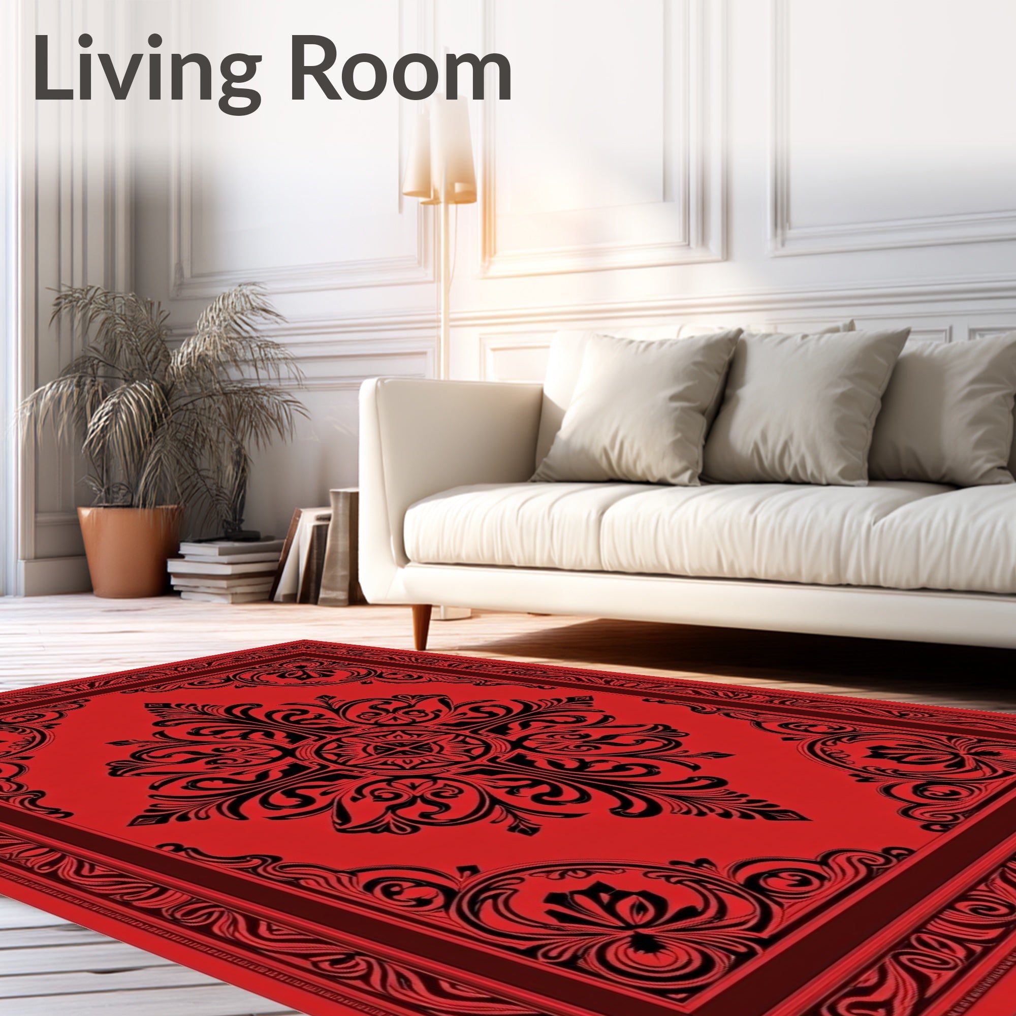 Crimson Black Floral Medallion Frame Rug