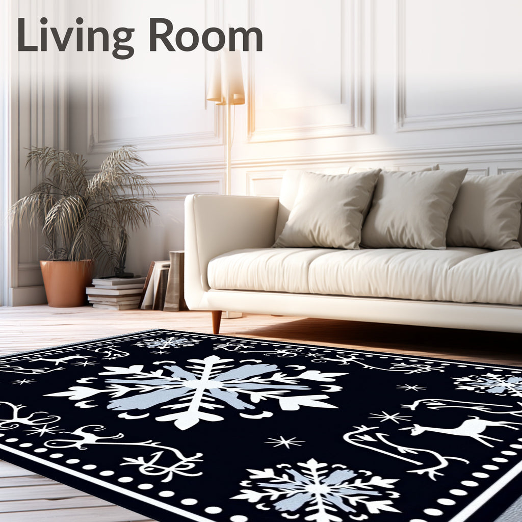 Winter Navy Snowflake And Deer Rug