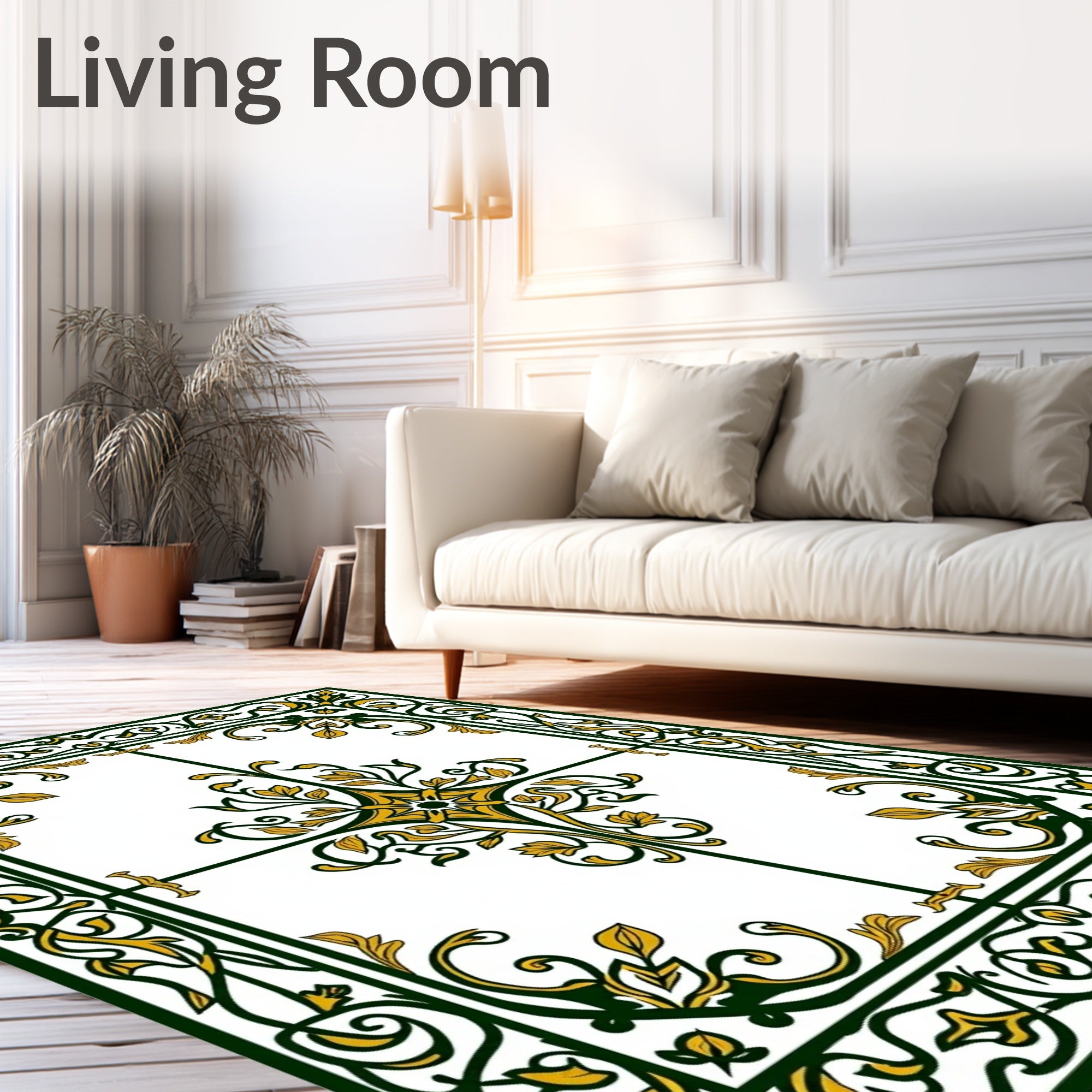 Ornate Gold Leaf Scrollwork Border Rug