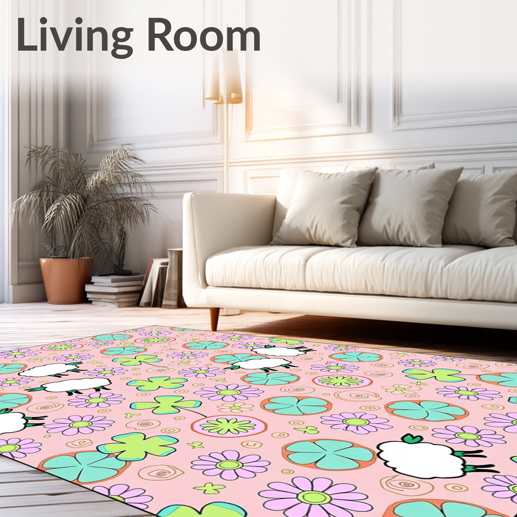 Playful Pink Sheep Floral Medley Rug