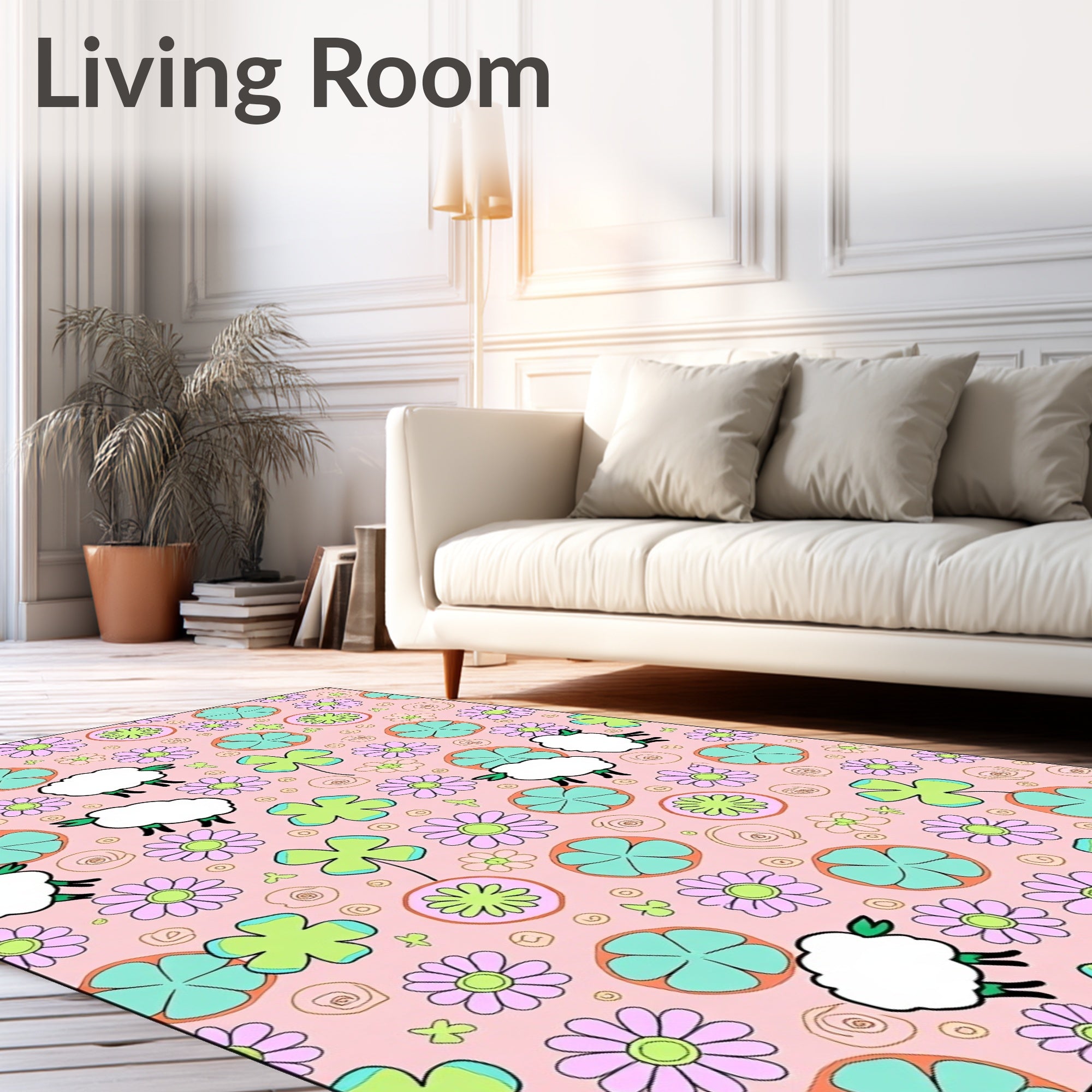 Playful Pink Sheep Floral Medley Rug