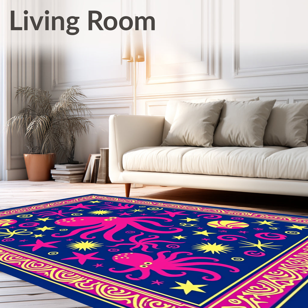 Bright Pink Octopus Bordered Navy Fabric Rug