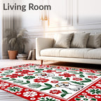 Whimsical Red Green Puppy Floral Art Rug