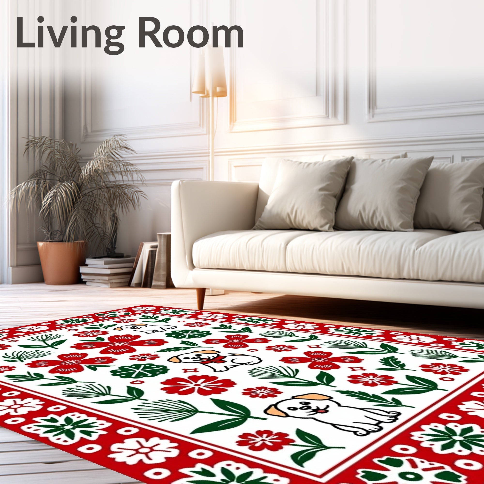 Whimsical Red Green Puppy Floral Art Rug