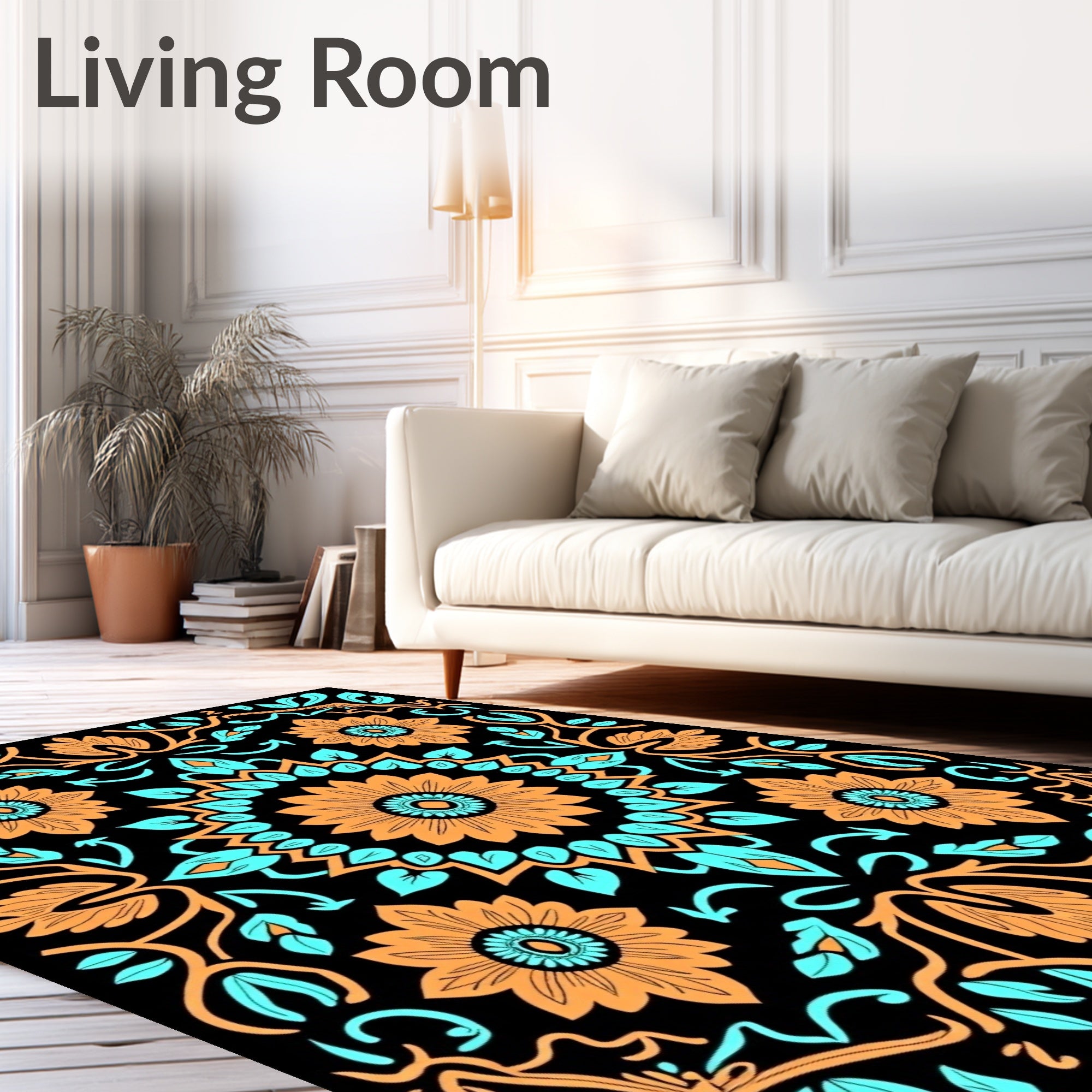 Orange Teal Sunflower Mandala Rug