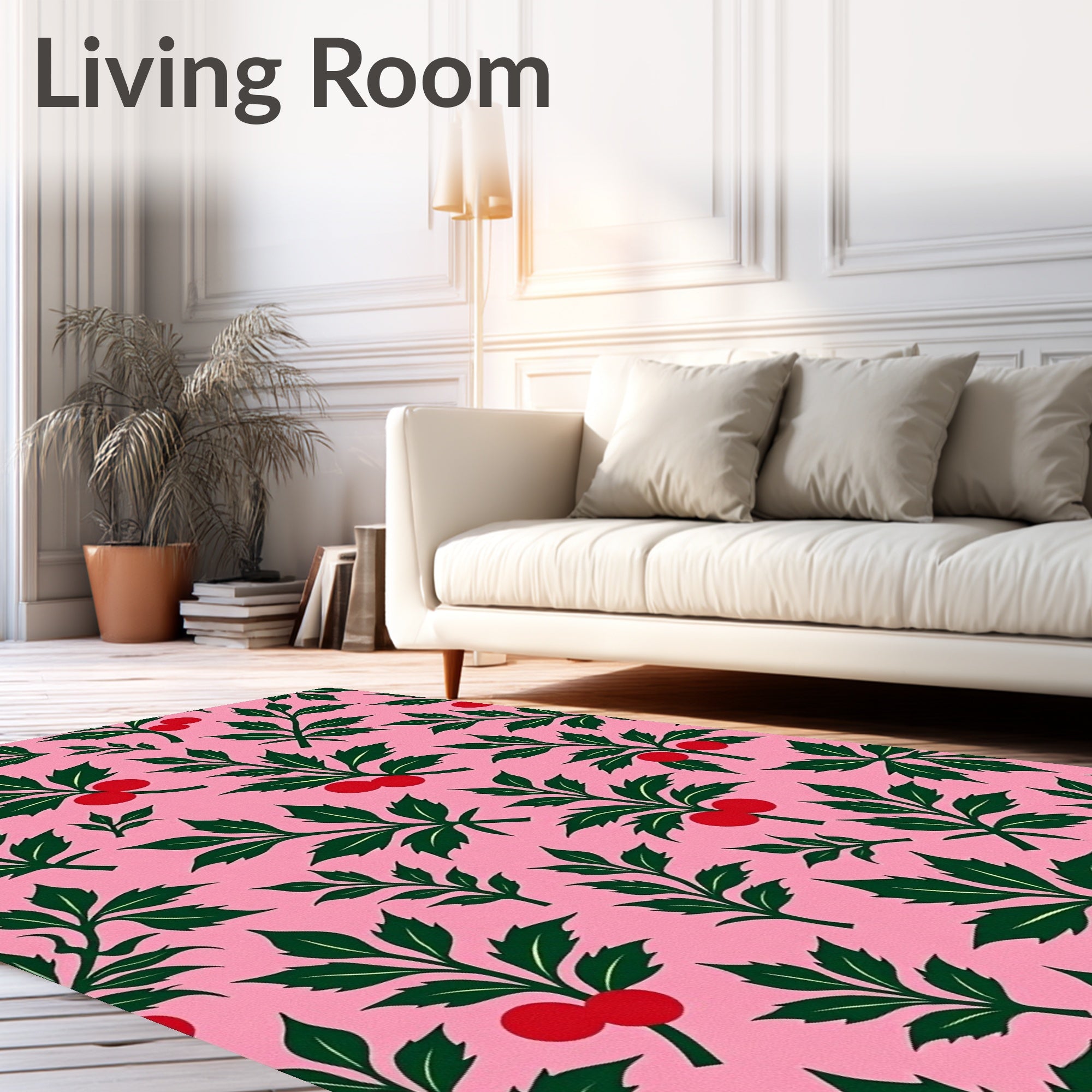 Green Leaf Red Berry Floral Pink Rug