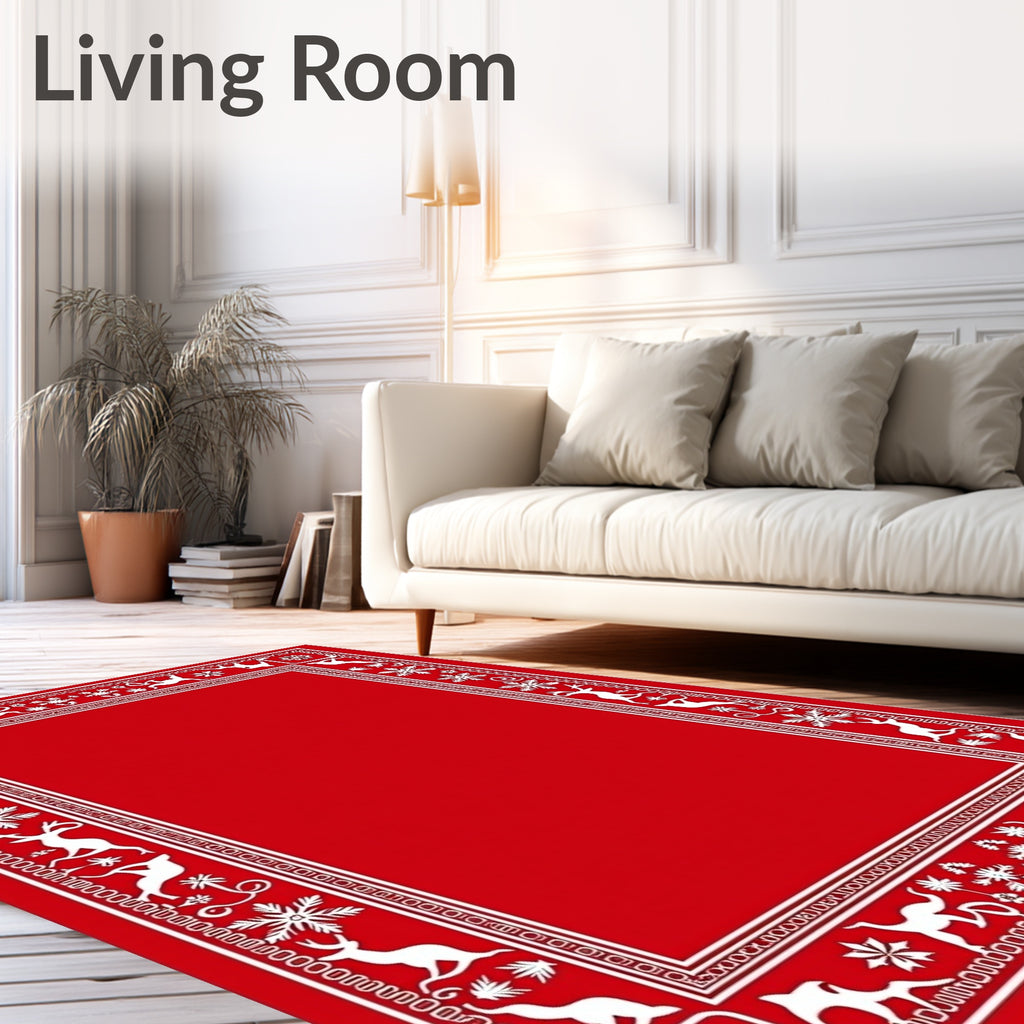 Festive Red White Reindeer Snowflake Border Rug