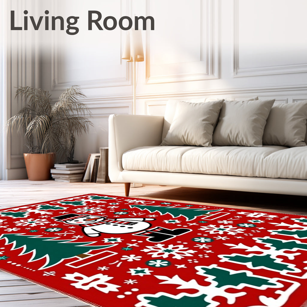 Charming Snowman Red Christmas Trees Rug