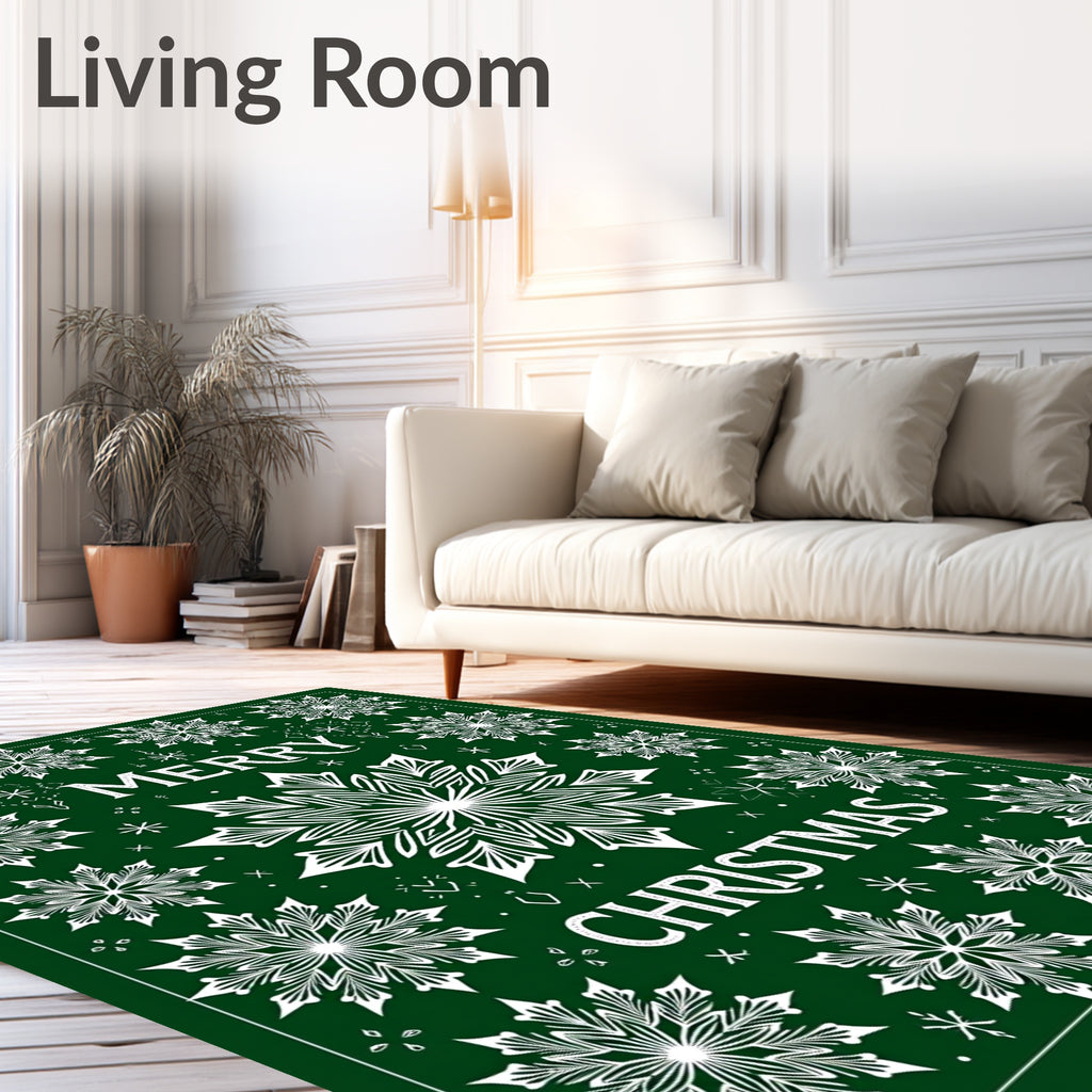 Festive White Snowflake Emerald Green Rug
