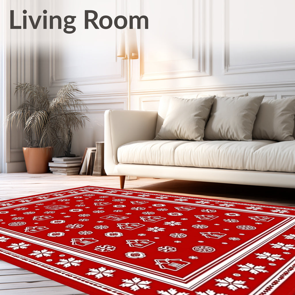 Festive Red Snowflake Village Rug