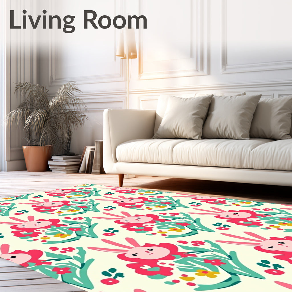 Pink Bunny Floral Garden Art Rug