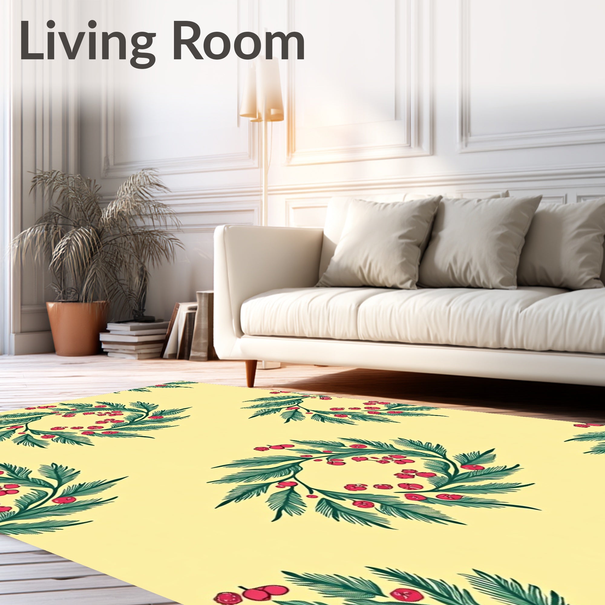 Green Berry Wreath Yellow Background Rug