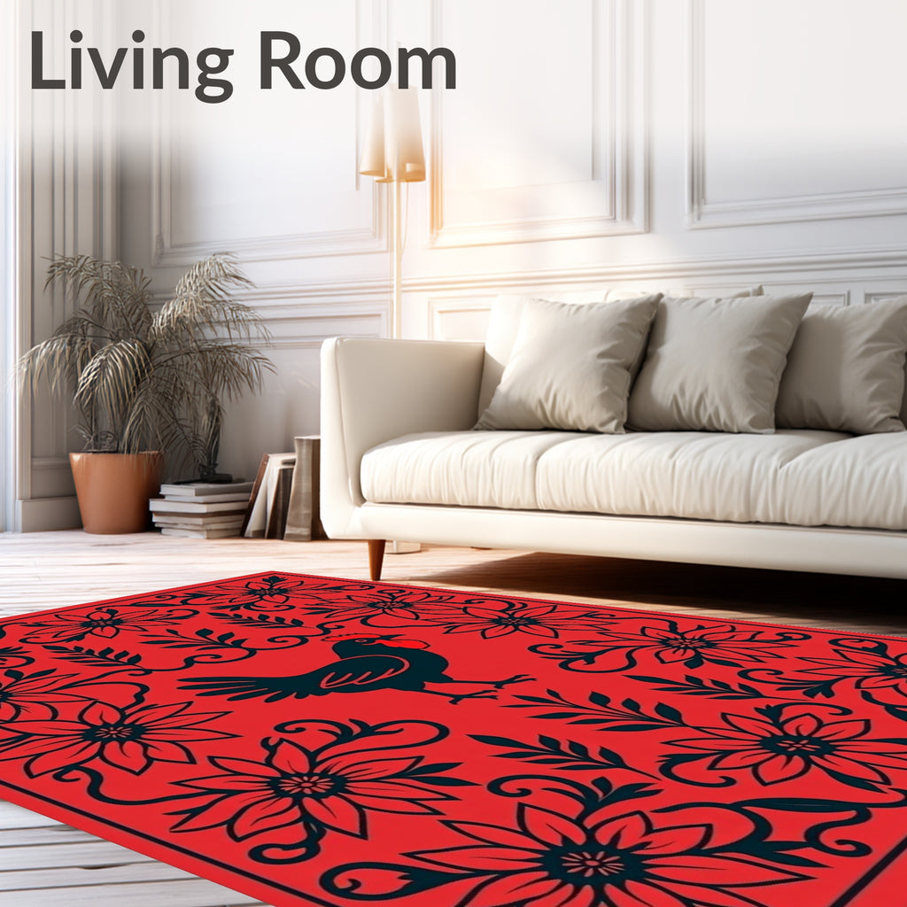 Red Black Rooster Floral Border Rug