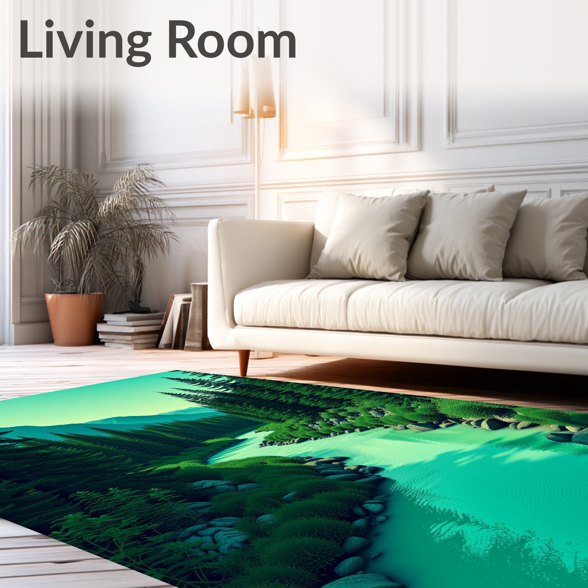 Emerald River Through Pine Forest Mountains Rug