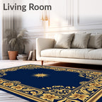 Ornate Gold Floral Indigo Sunburst Rug