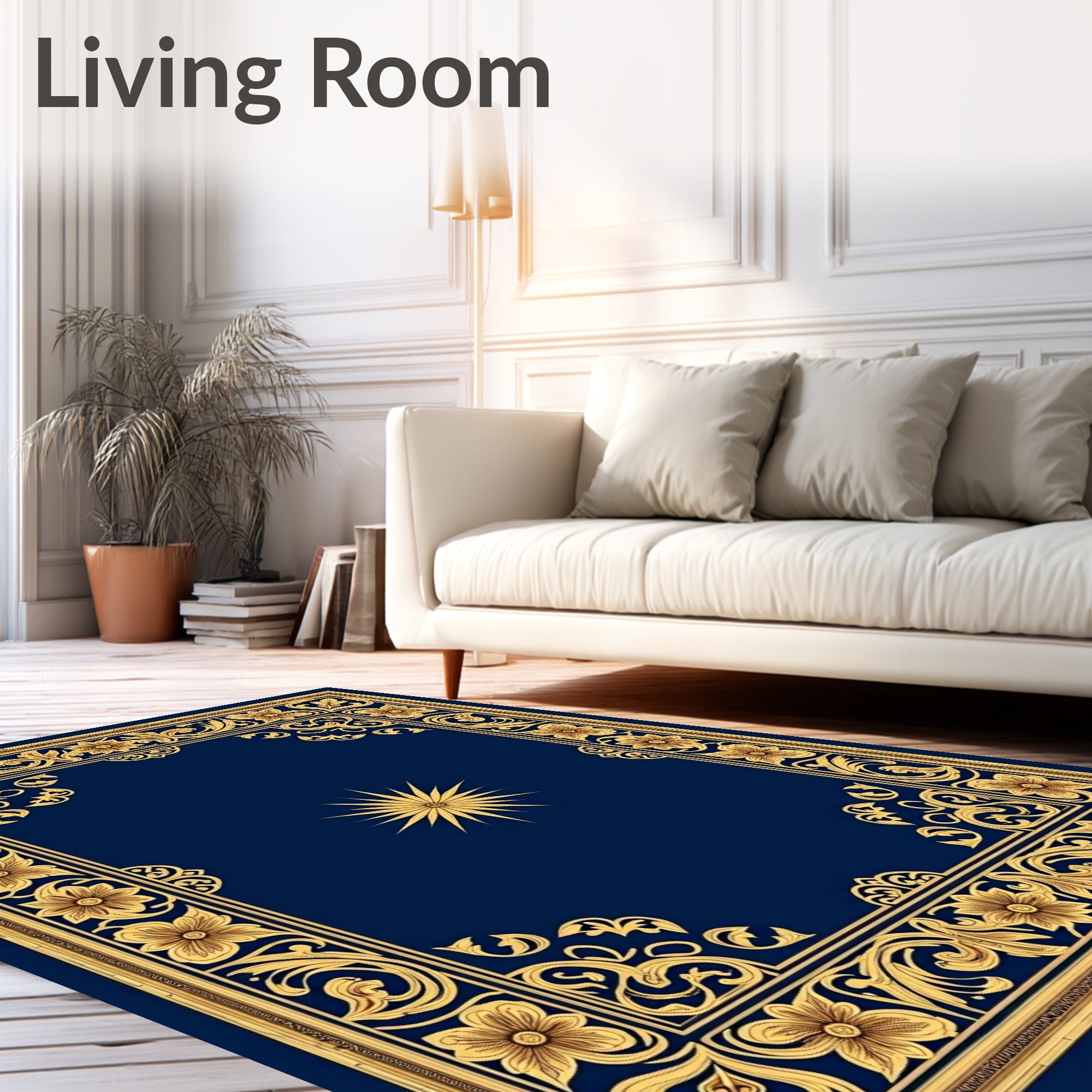 Ornate Gold Floral Indigo Sunburst Rug