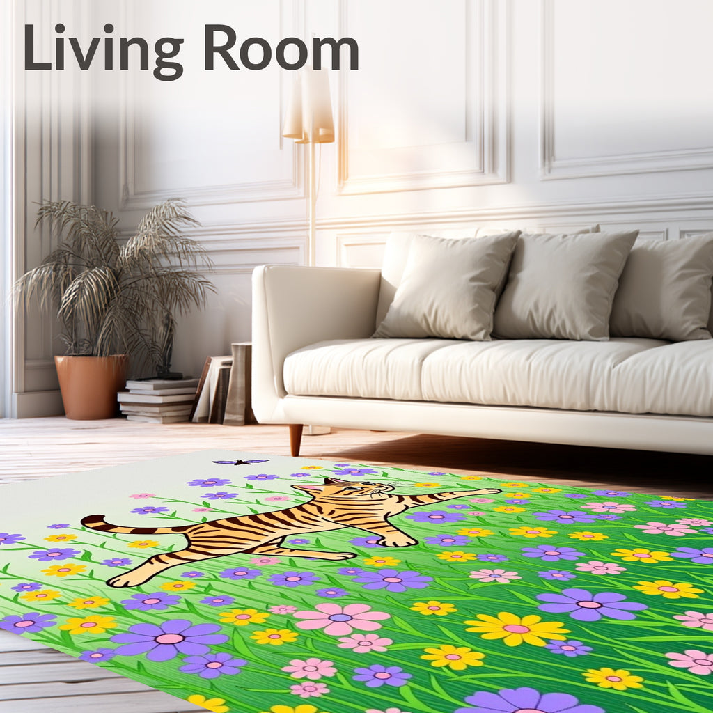 Whimsical Tiger Butterfly Meadow Flowers Rug