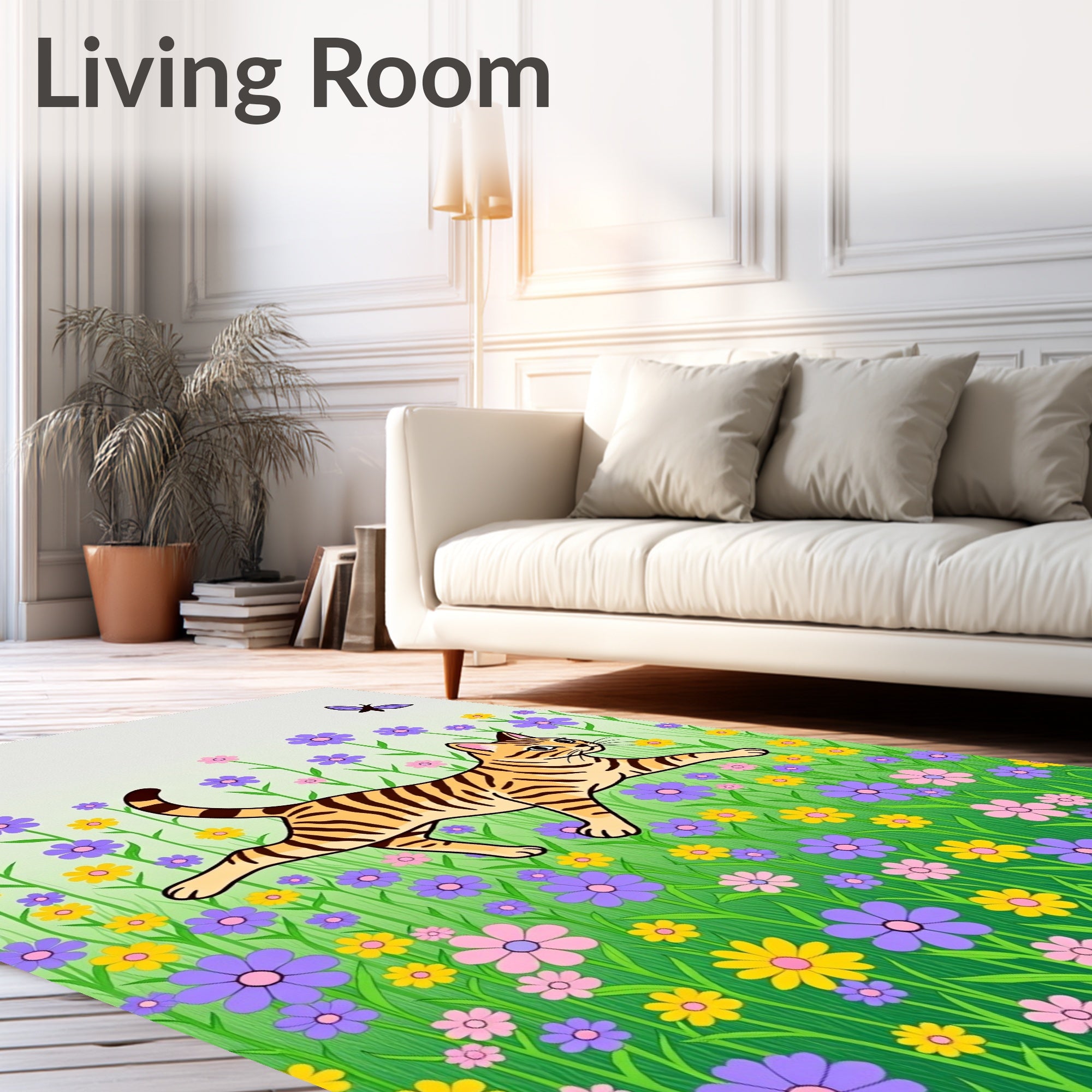 Whimsical Tiger Butterfly Meadow Flowers Rug