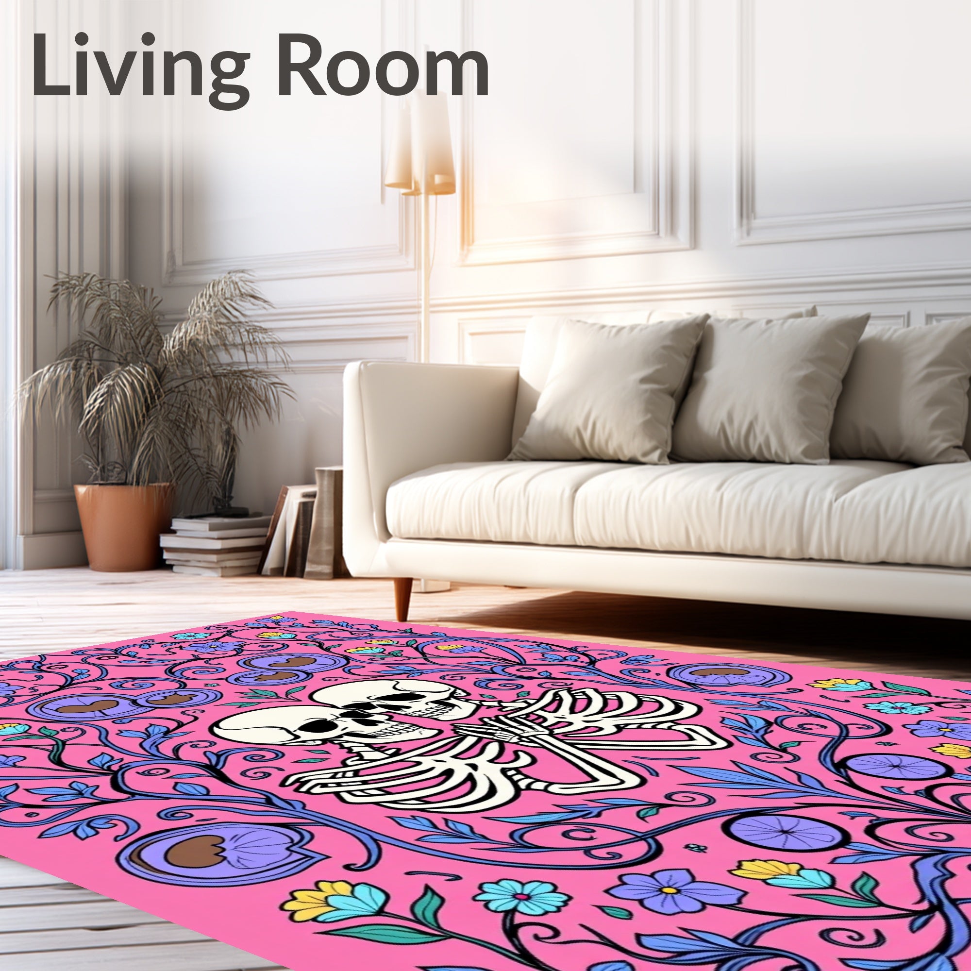 Pink Skull Embrace Floral Swirl Rug
