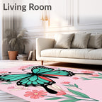 Whimsical Teal Butterfly Pink Floral Rug